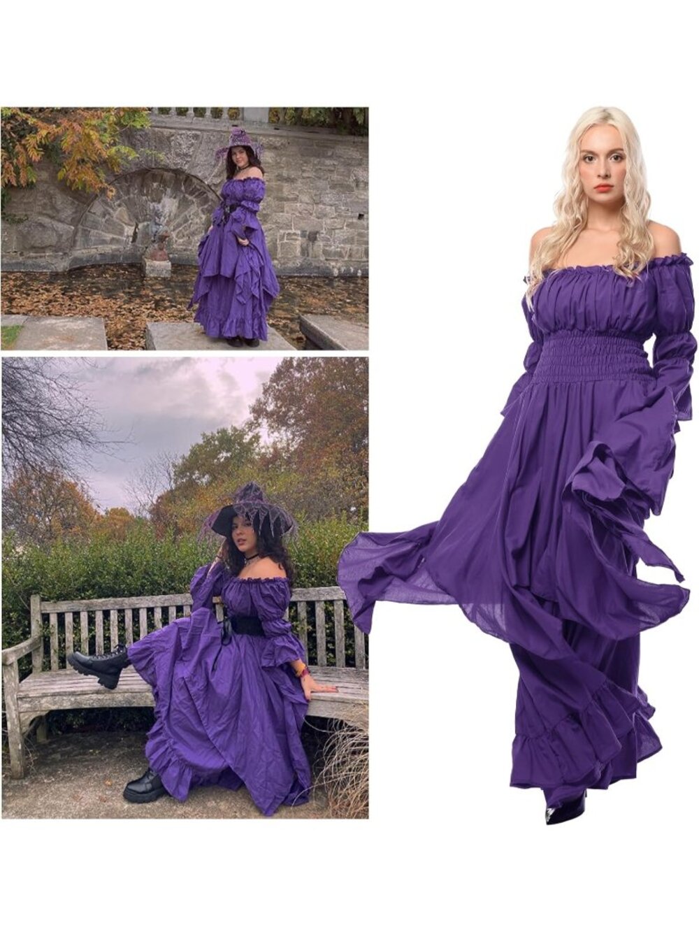Women's Purple Medieval Costume Victorian Peasant Gothic Fairy Witch Dress - Picture 6 of 6
